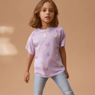 Children Fashion Butterfly Short-Sleeved T-Shirt Girls Cotton Top 3-14T