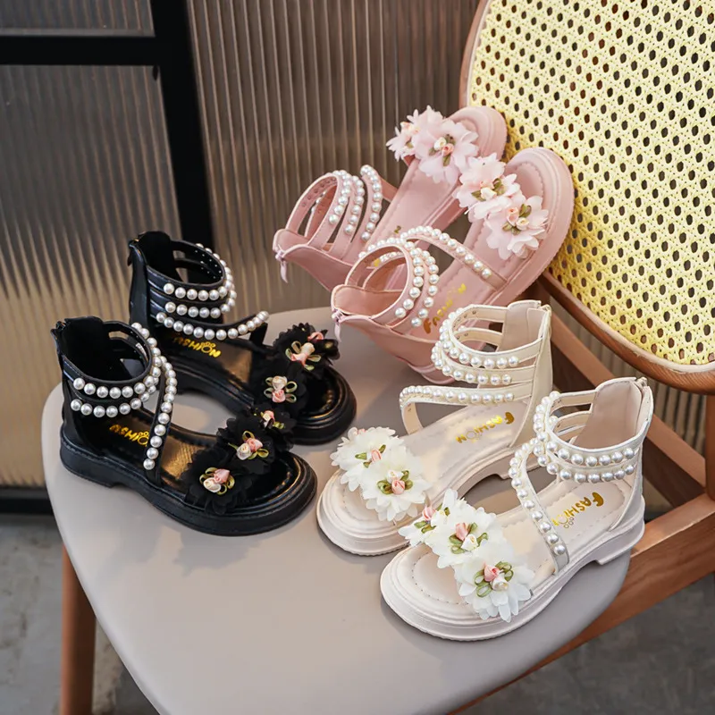 Summer Fashion Kids Girls Floral Pearl Sandals Synthetic Leather TPR