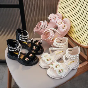 Summer Fashion Kids Girls Floral Pearl Sandals Synthetic Leather TPR