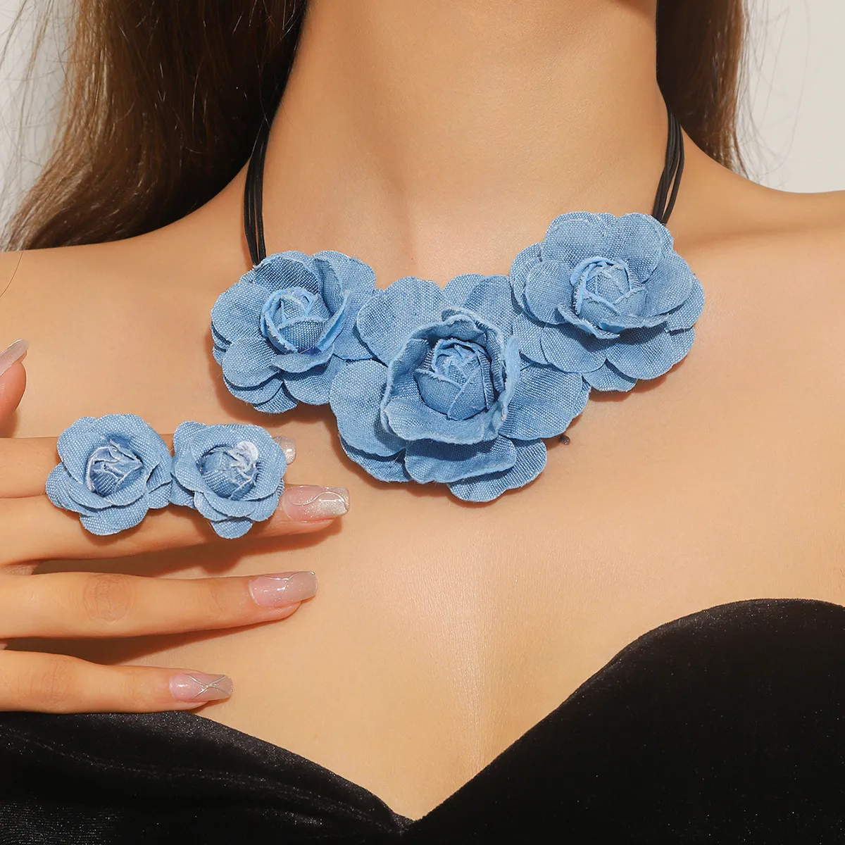 Blue Vintage Denim Rose Jewelry Set Fashion OL Commuter Floral Cloth Regular Chain