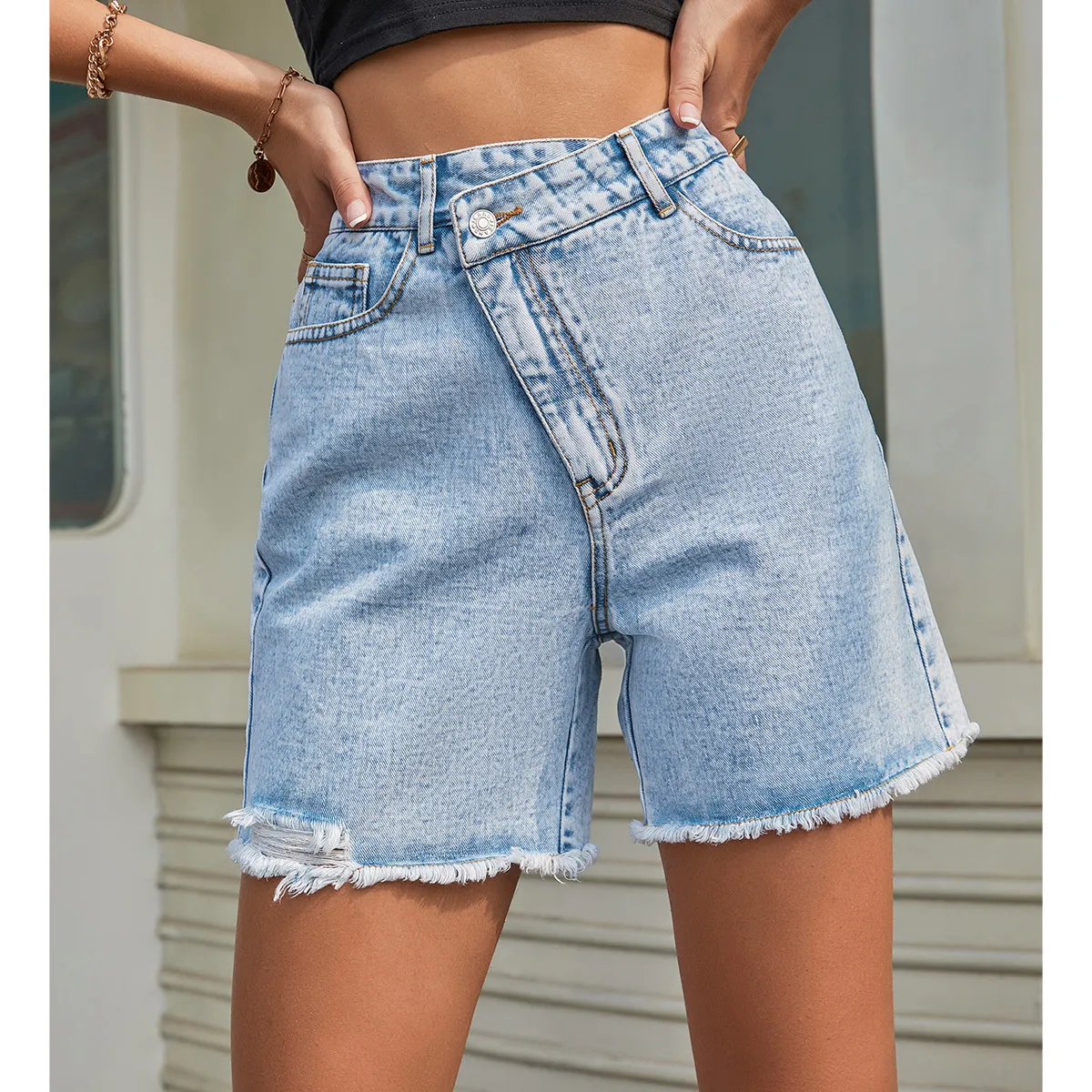 Women's High Waist Loose Denim Shorts - Straight Leg Three-Point Pants