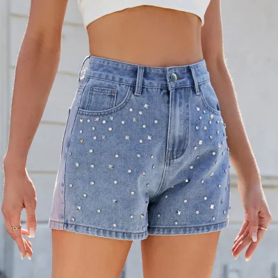 Women's Street Hipster Denim Shorts with Beaded Rhinestone Design