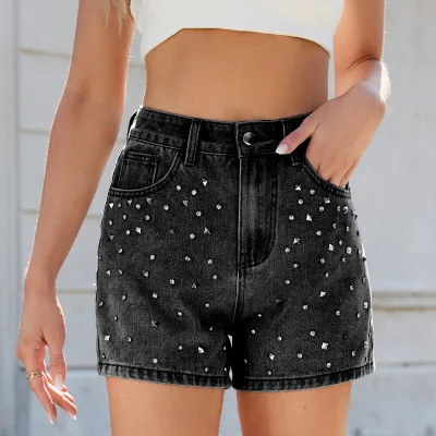 Women's Street Hipster Denim Shorts with Beaded Rhinestone Design