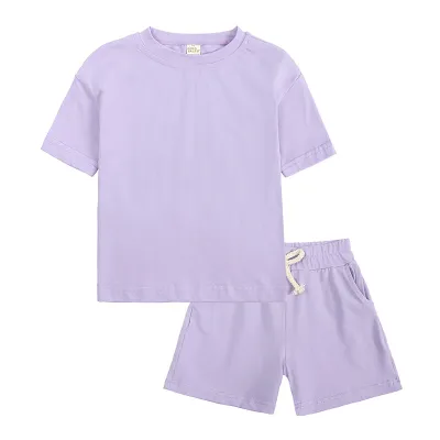 Kids Casual Solid Color Round Neck Short Sleeve T-shirt And Shorts Set Two Piece