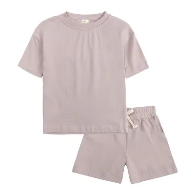 Kids Casual Solid Color Round Neck Short Sleeve T-shirt And Shorts Set Two Piece