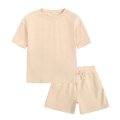 Kids Casual Solid Color Round Neck Short Sleeve T-shirt And Shorts Set Two Piece