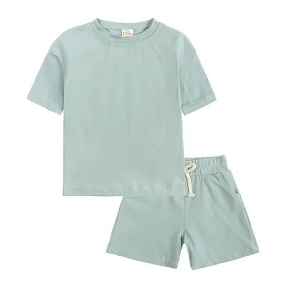 Kids Casual Solid Color Round Neck Short Sleeve T-shirt And Shorts Set Two Piece