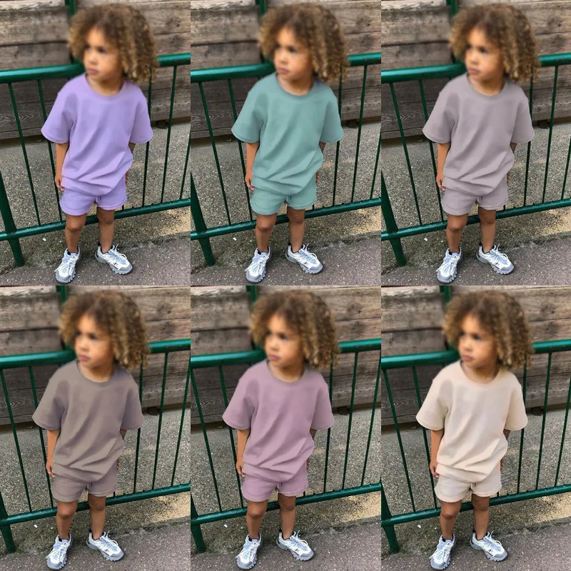 Kids Casual Solid Color Round Neck Short Sleeve T-shirt And Shorts Set Two Piece