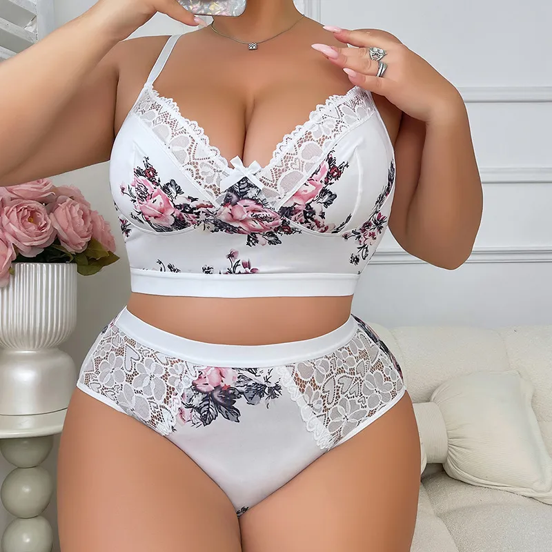 Plus Size Women Floral Lace Underwear Two-Piece Set