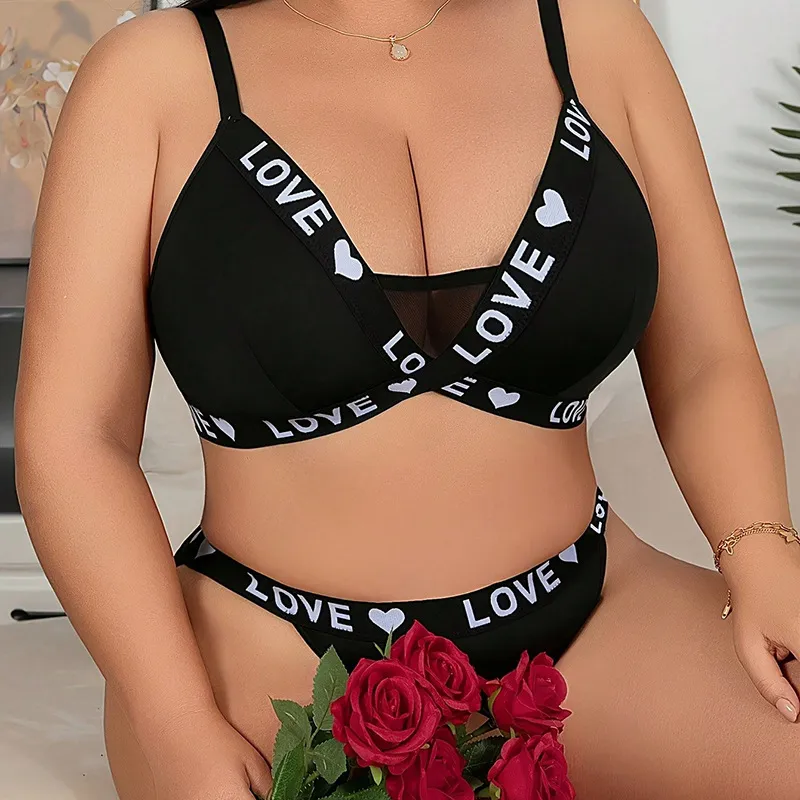 Plus Size Women Sexy Letter Print Underwear Two-Piece Set with Detachable Straps