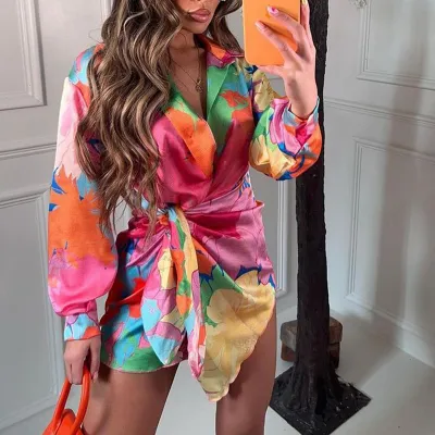 Women Fashion Multicolor Print Lantern Sleeve Lace-Up Asymmetrical Dress