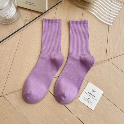 Simple Solid Color Cotton Knee High Socks for Women
