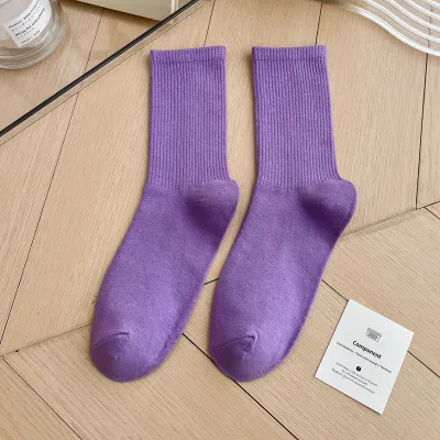 Simple Solid Color Cotton Knee High Socks for Women