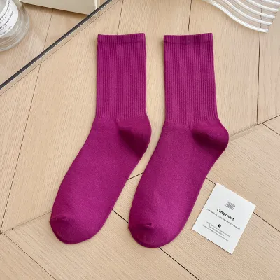 Simple Solid Color Cotton Knee High Socks for Women