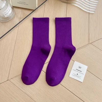 Simple Solid Color Cotton Knee High Socks for Women
