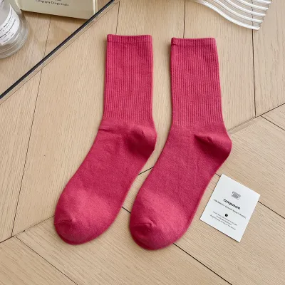 Simple Solid Color Cotton Knee High Socks for Women