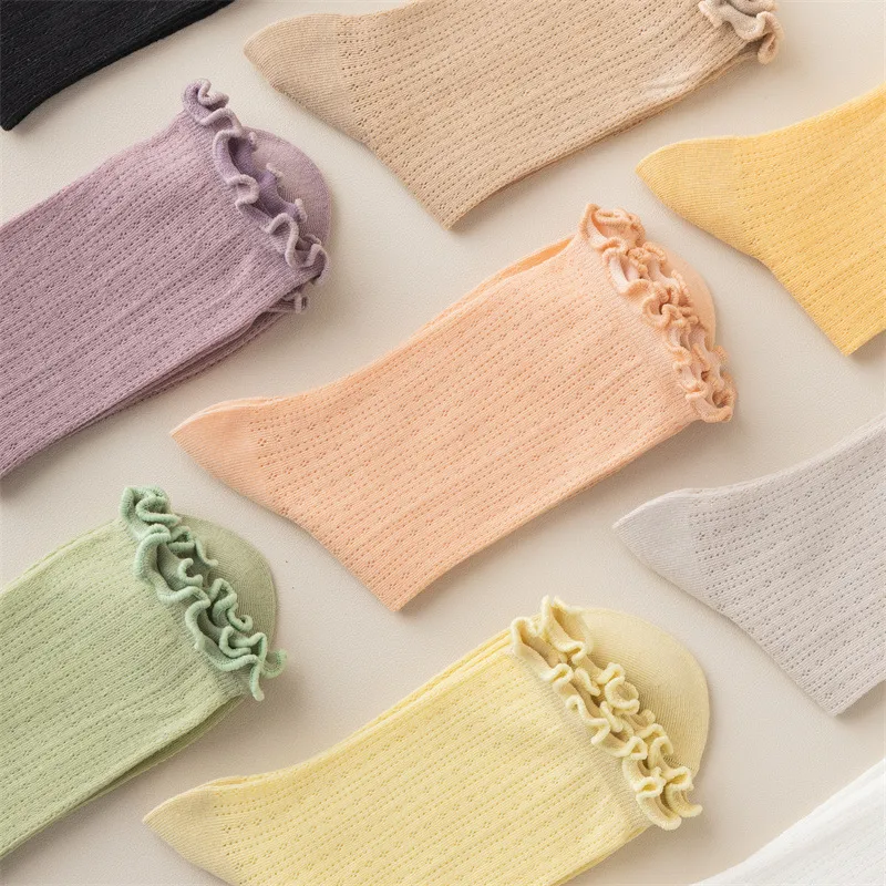 Fashion Solid Color Wood Ear Cotton Socks