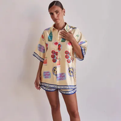 Women Casual Printed Lapel Short Sleeve Blouse Loose Shorts Two-Piece Set