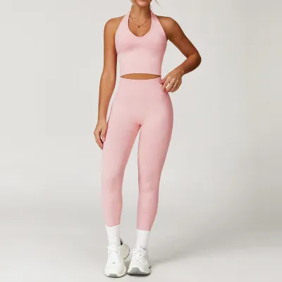 Women Seamless Halter-Neck Tank Top and Tight Pants Yoga Sports Two-Piece Set