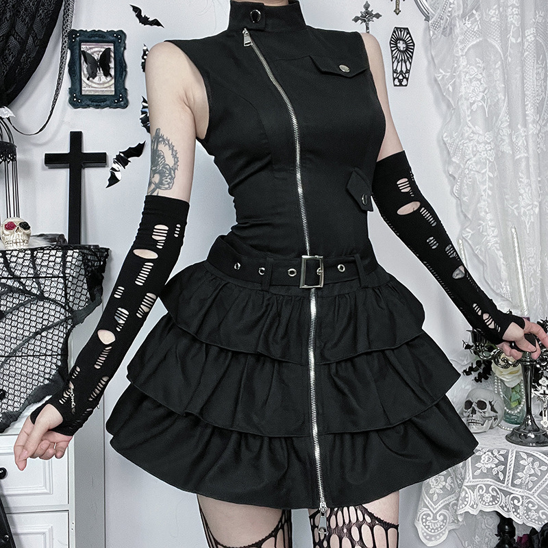 Wholesale Women Gothic Solid Color Sleeveless Zip Dress