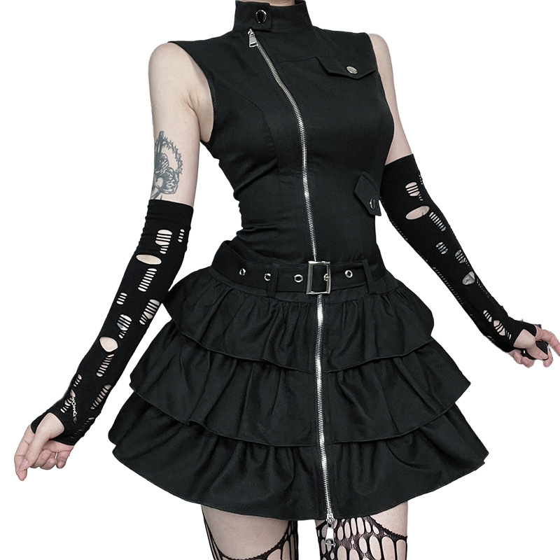 Wholesale Women Gothic Solid Color Sleeveless Zip Dress