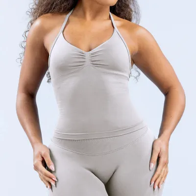Women Seamless Halter-Neck Yoga Sports Tank Top Solid Color