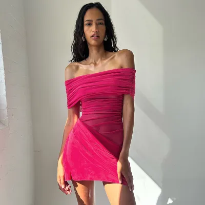 Women Elegant Mesh Hollow-Out Pleated One-Shoulder Slim Fit Dress
