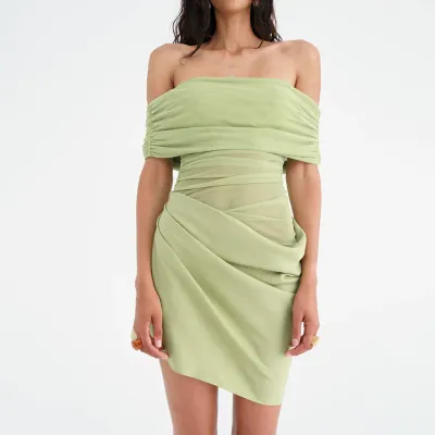 Women Elegant Mesh Hollow-Out Pleated One-Shoulder Slim Fit Dress