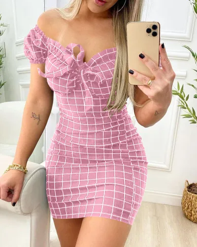 Women Fashion Sexy Plaid Printed Off Shoulder Slim Fit Dress