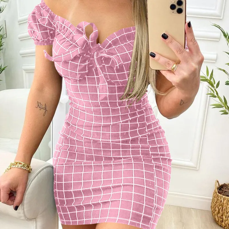 Women Fashion Sexy Plaid Printed Off Shoulder Slim Fit Dress