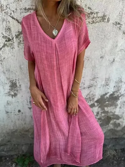 Women Casual Solid Color Cotton Linen V-Neck Short Sleeve Loose Midi Dress