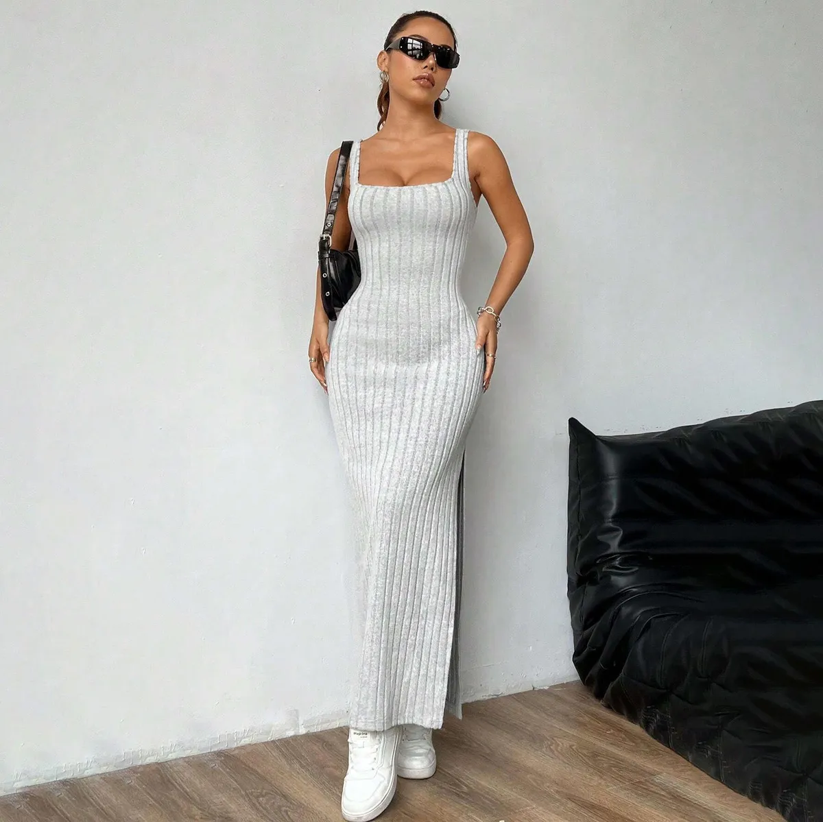 Women Fashion Sexy Solid Color Sleeveless Backless Split Maxi Dress