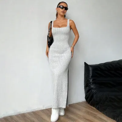 Women Fashion Sexy Solid Color Sleeveless Backless Split Maxi Dress