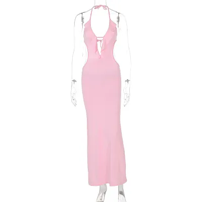 Women Sexy Solid Color Ruffled Halter-Neck Lace-Up Long Dress
