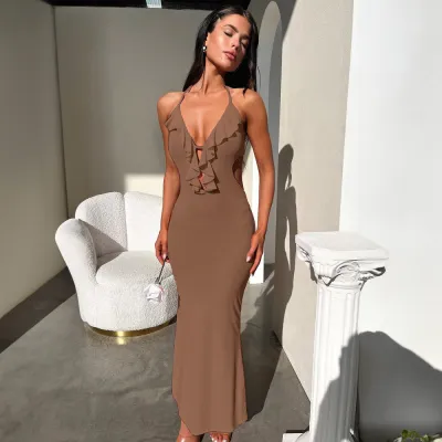 Women Sexy Solid Color Ruffled Halter-Neck Lace-Up Long Dress