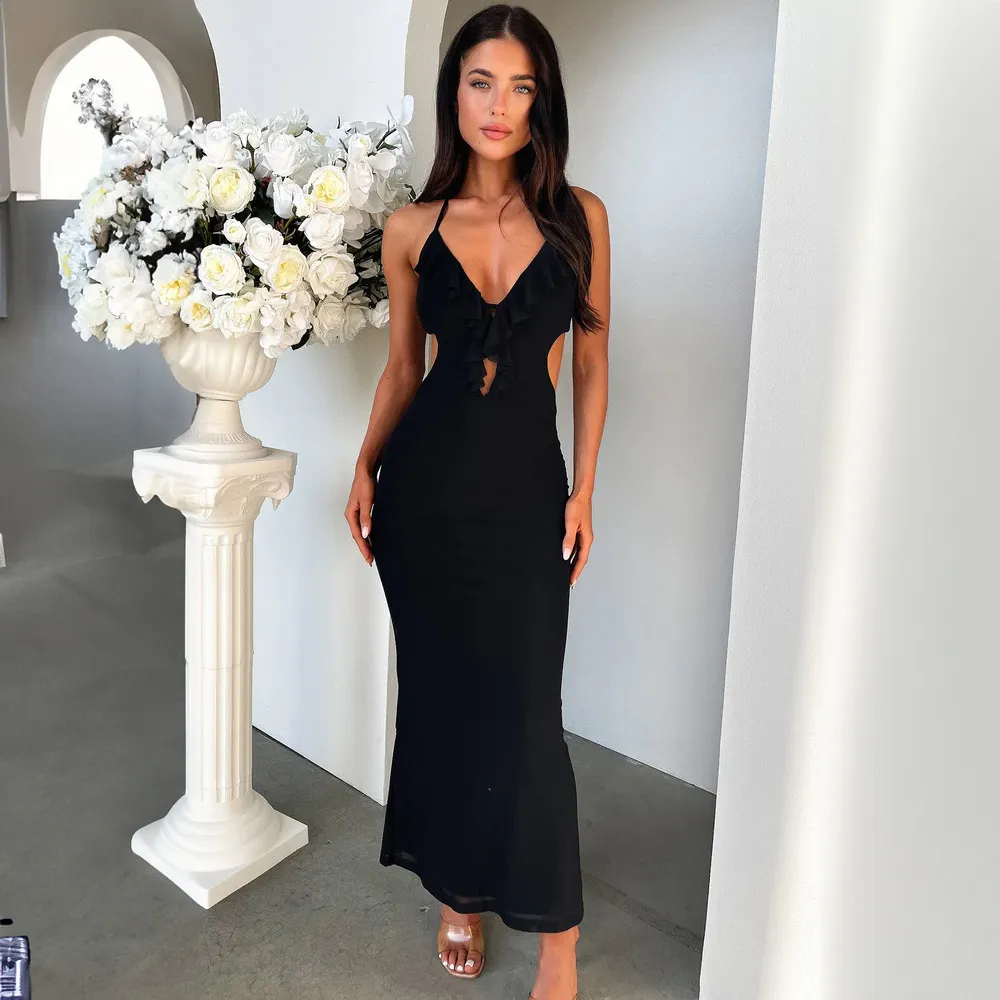 Women Sexy Solid Color Ruffled Halter-Neck Lace-Up Long Dress