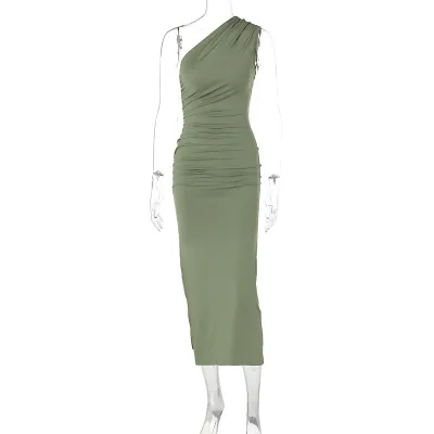 Women Fashion Sexy Solid Color Oblique Shoulder Sleeveless Slim Fit Maxi Dress