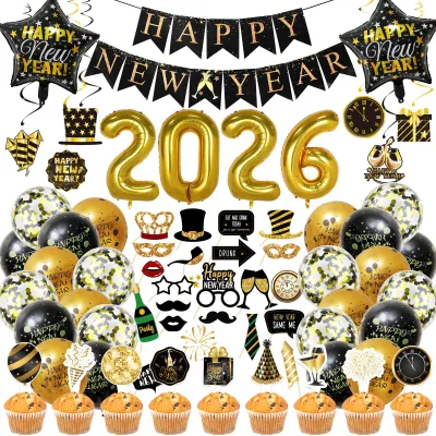 2026 Black Gold New Happy Flag Banner Balloons Suit Happy New Year Party Decoration