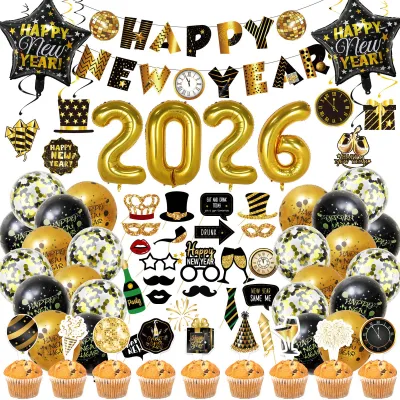 2026 Black Gold New Happy Flag Banner Balloons Suit Happy New Year Party Decoration