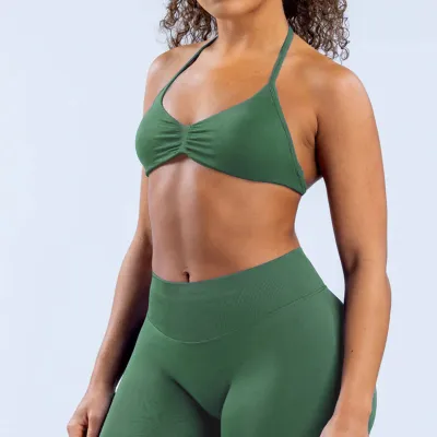 Women Sexy Solid Color Seamless Nylon Halter-Neck Yoga Sports Bra