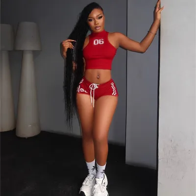 Women Fashion Sexy Letter Printed Tank Top Tight Shorts Two-Piece Set
