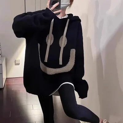 Women Casual Smile Face Long-Sleeve Loose Knitwear Hoodie