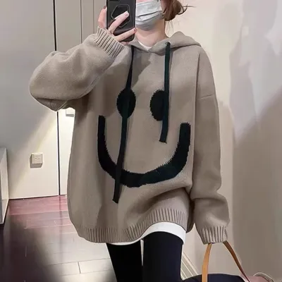 Women Casual Smile Face Long-Sleeve Loose Knitwear Hoodie