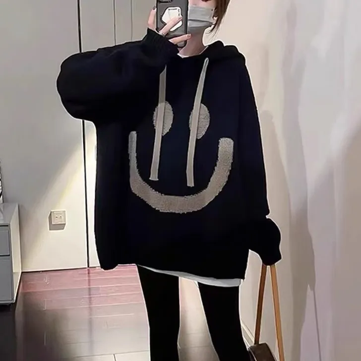 Women Casual Smile Face Long-Sleeve Loose Knitwear Hoodie