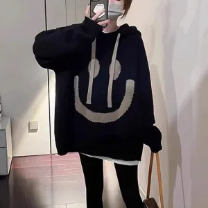 Women Casual Smile Face Long-Sleeve Loose Knitwear Hoodie