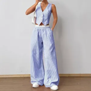 Women Fashion Stripe Print Sleeveless V-Neck Vest And Wide Leg Two-Piece Pants Set