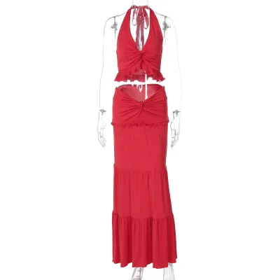 Women Fashion Sexy Solid Color Halter-Neck V-Neck Crop Top Loose Skirts Two-Piece Set