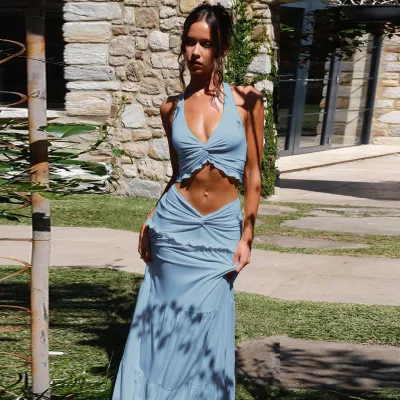 Women Fashion Sexy Solid Color Halter-Neck V-Neck Crop Top Loose Skirts Two-Piece Set