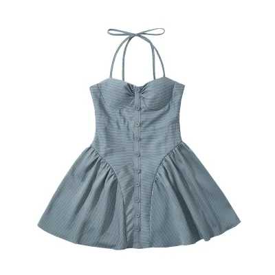 Women Sexy Stripe Halter-Neck Lace-Up Loose Dress