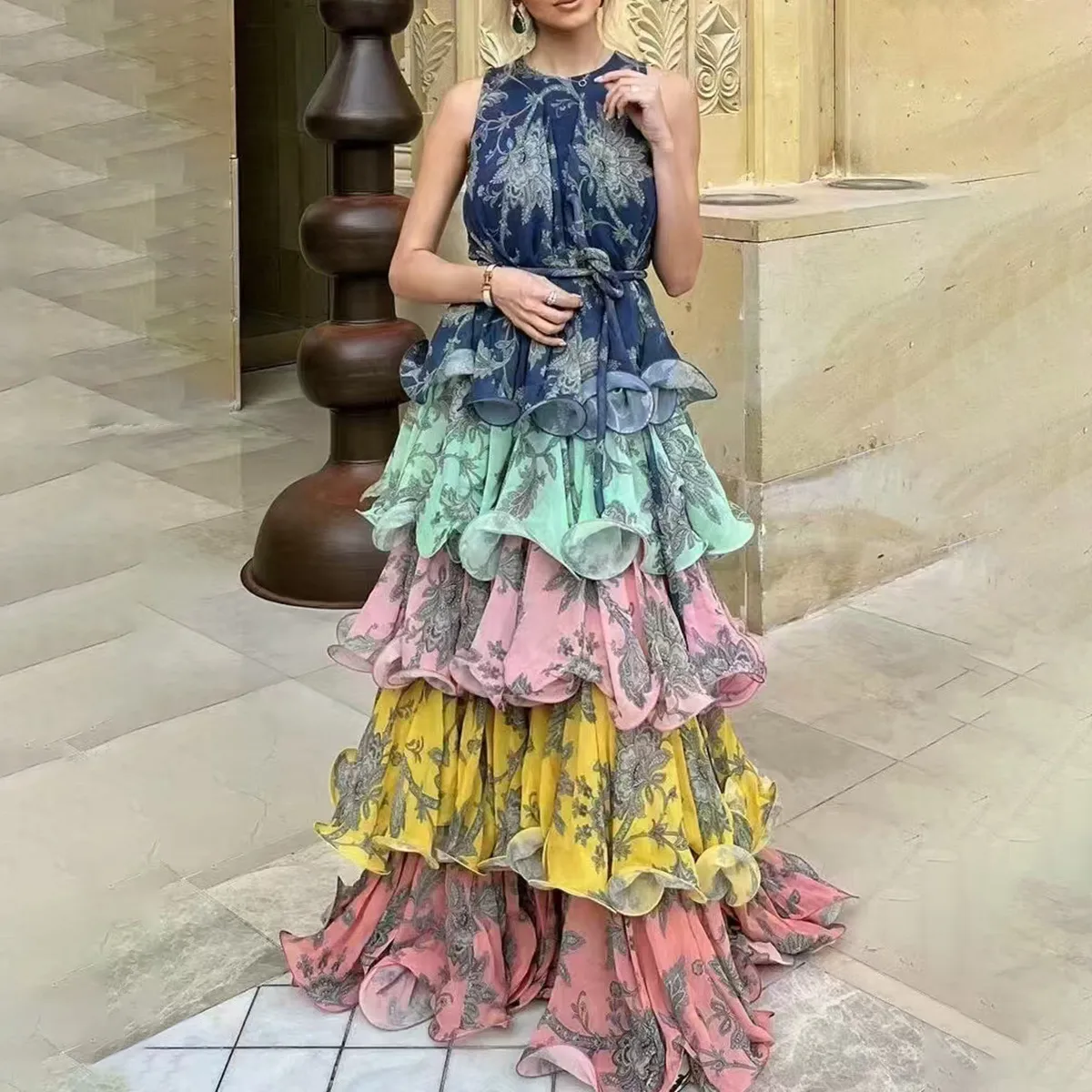 Women Elegant Bohemian Floral Printed Ruffled Sleeveless Dress